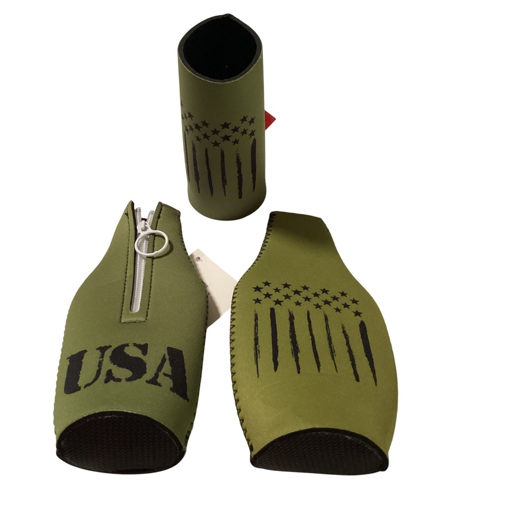 3- USA Beer Bottle Can Cooler Insulated Olive Green‎ Set American Flags